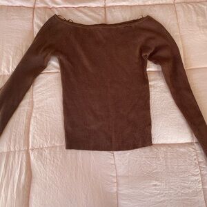 Rich Brown Off-the-Shoulder Sweater with Fitted Long Sleeves